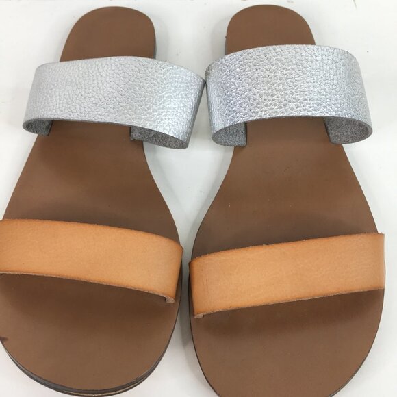 J.Crew Metallic Silver Tan Double Strap Slip On Sandals Size 7 - Picture 4 of 9